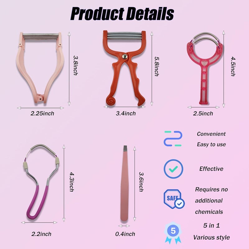 Aogigigio Facial Hair Removal for Women - 5 in 1 Face Hair Remover Kit, Spring Hair Remover, Spring Tweezer Hair Remover for Chin, Upper Lip, Mustache - Image 2